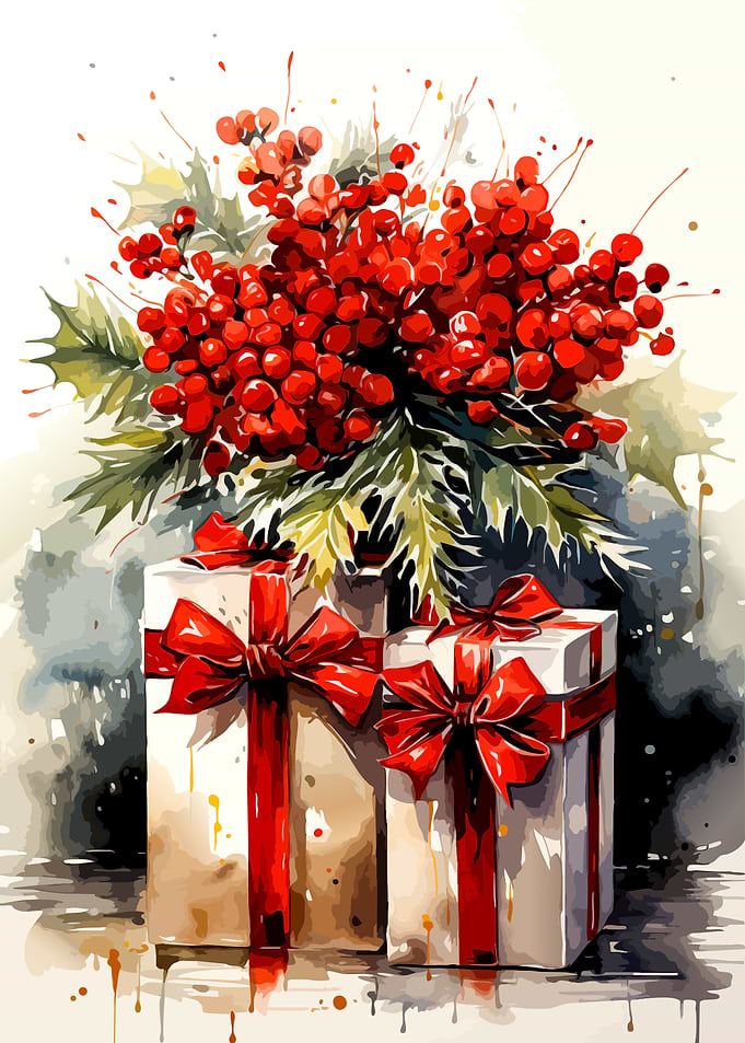 Watercolor Christmas Gifts and Holly