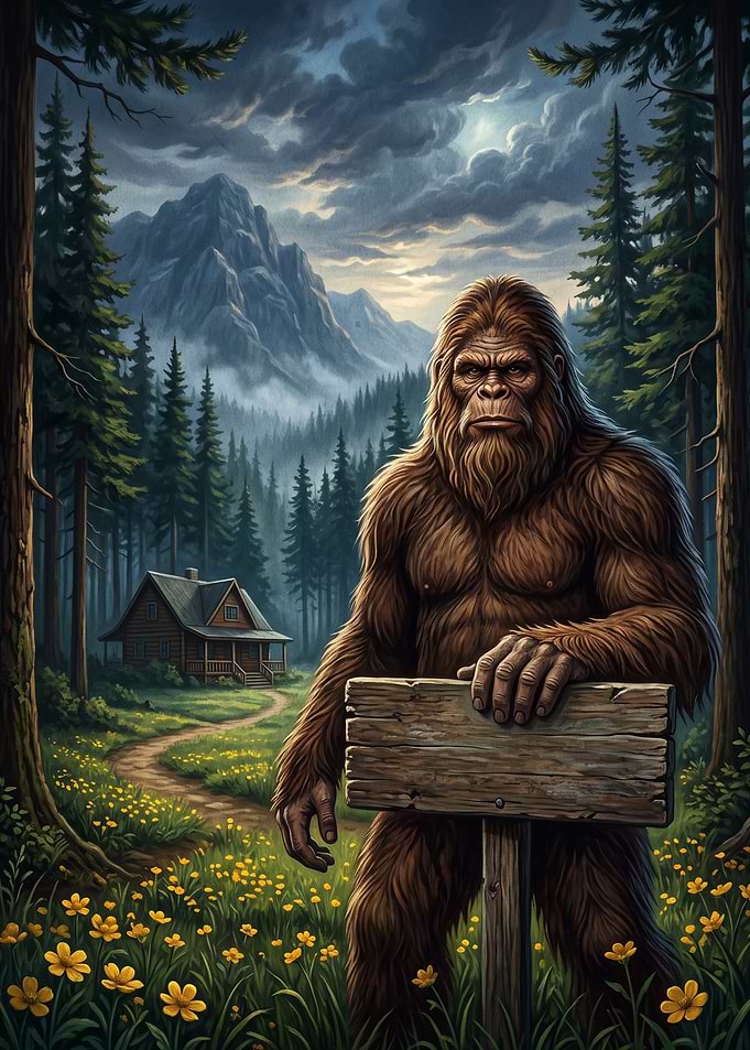 Bigfoot Standing by Wooden Sign