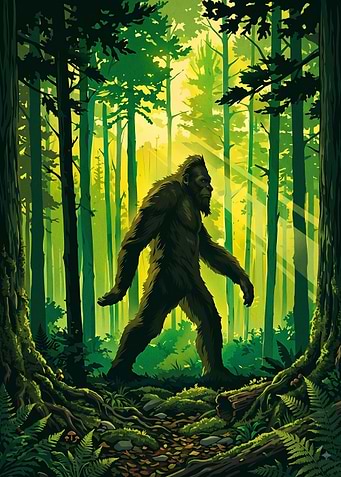 Bigfoot Walking Through Lush Green Forest