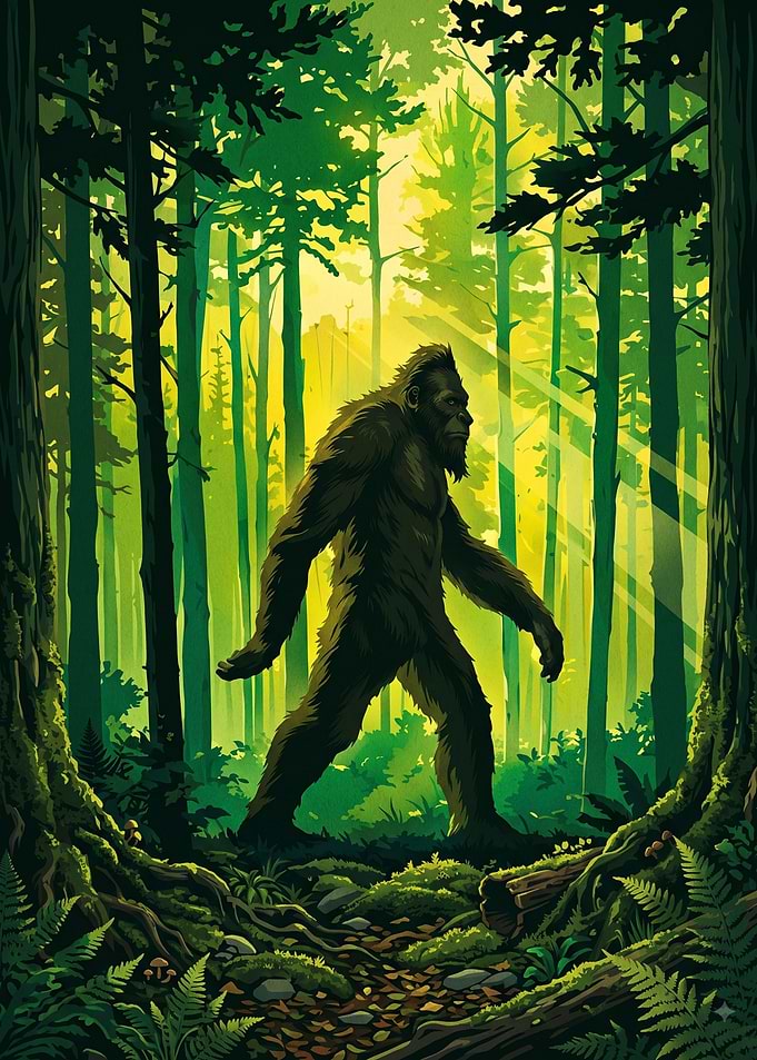 Bigfoot Walking Through Lush Green Forest