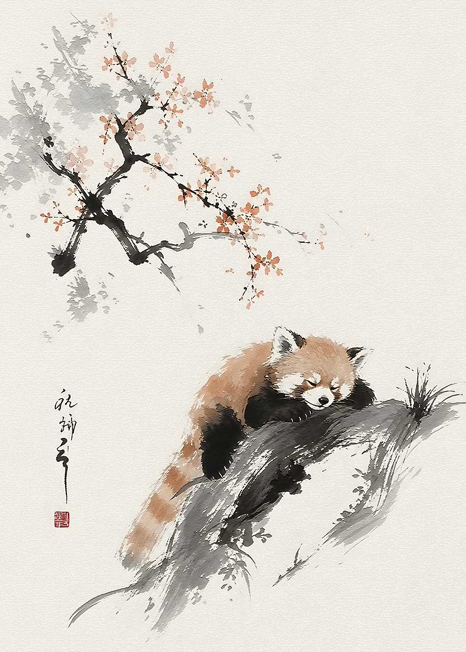 Sleeping Red Panda Ink Wash Painting