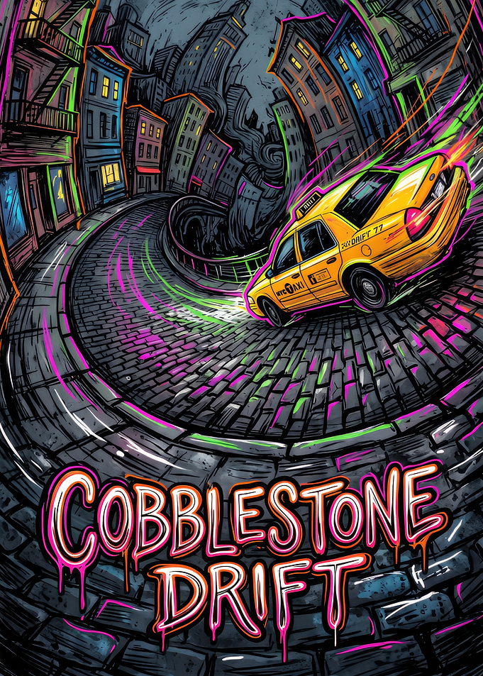 Cobblestone Drift Neon Taxi Art