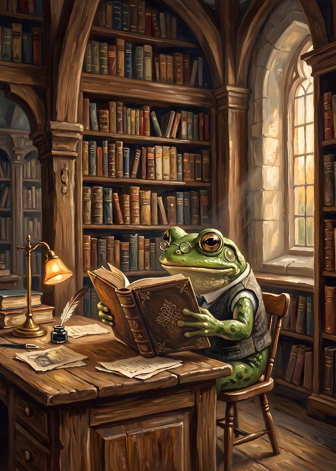 Studious Frog Reading in Library
