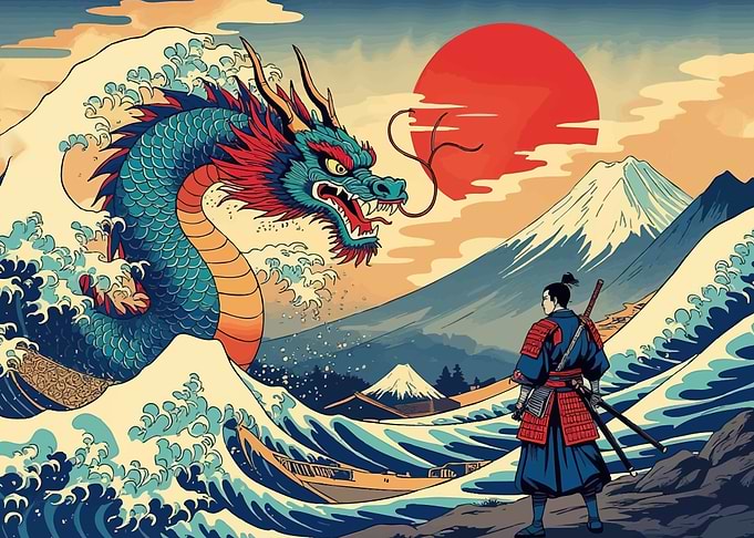 Samurai Facing Dragon Ukiyo-e Style