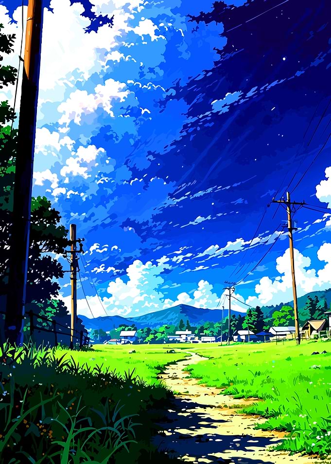Vibrant Anime Style Rural Landscape