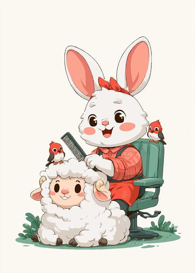 Cute Bunny Grooming a Fluffy Sheep
