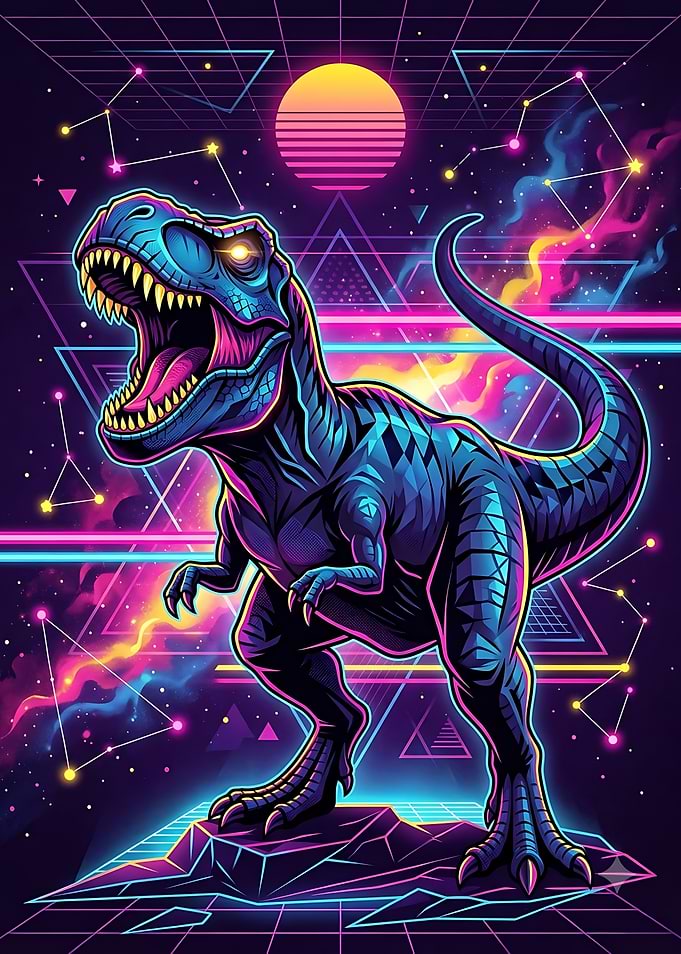 Neon Synthwave T-Rex Dinosaur Art