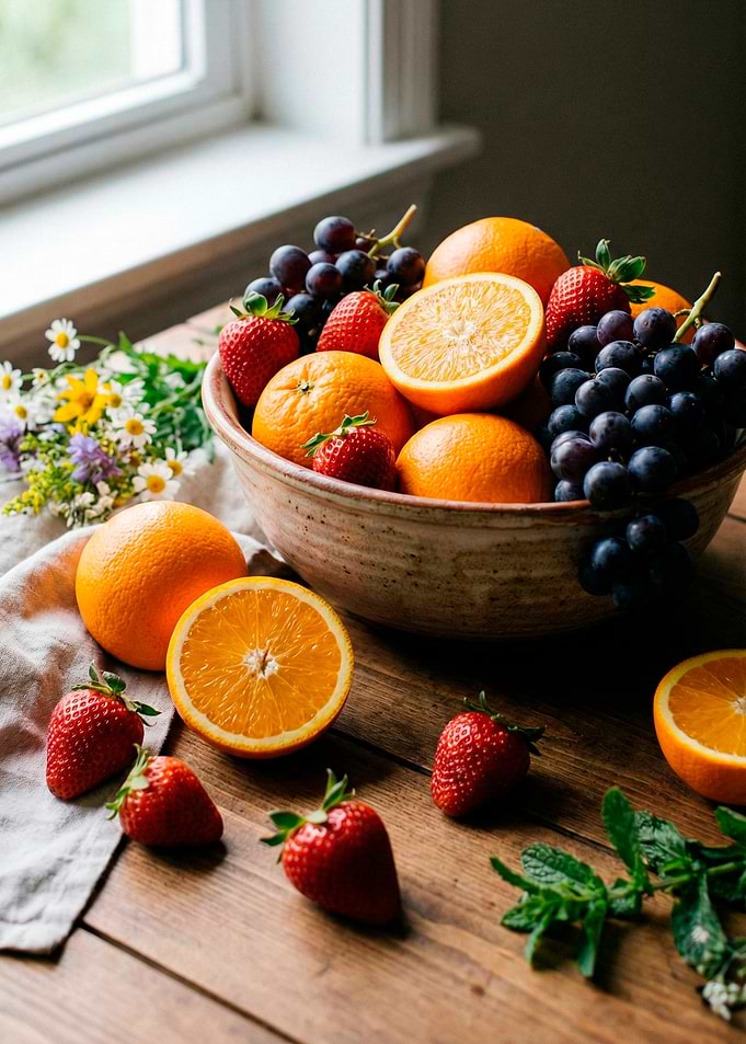 Fresh Fruit Bowl on Wooden Table