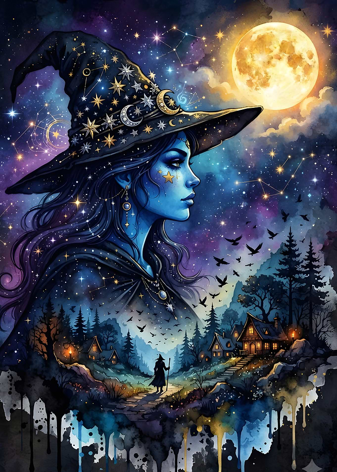 Celestial Witch Under Full Moon