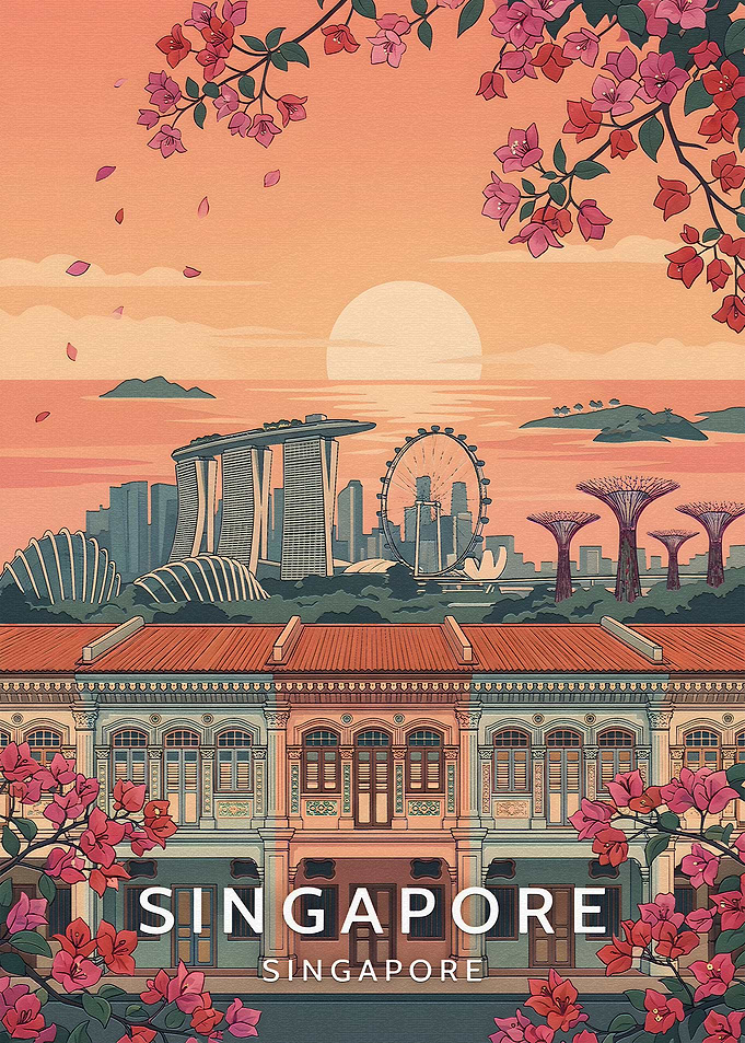 Singapore Travel Poster with Bougainvillea