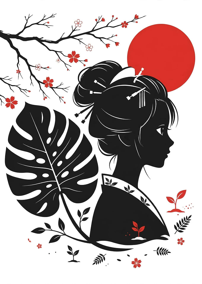 Minimalist Geisha Silhouette with Nature Elements