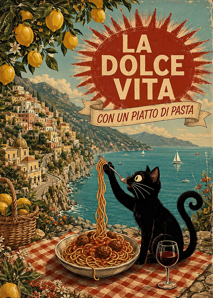 La Dolce Vita Cat Pasta Poster