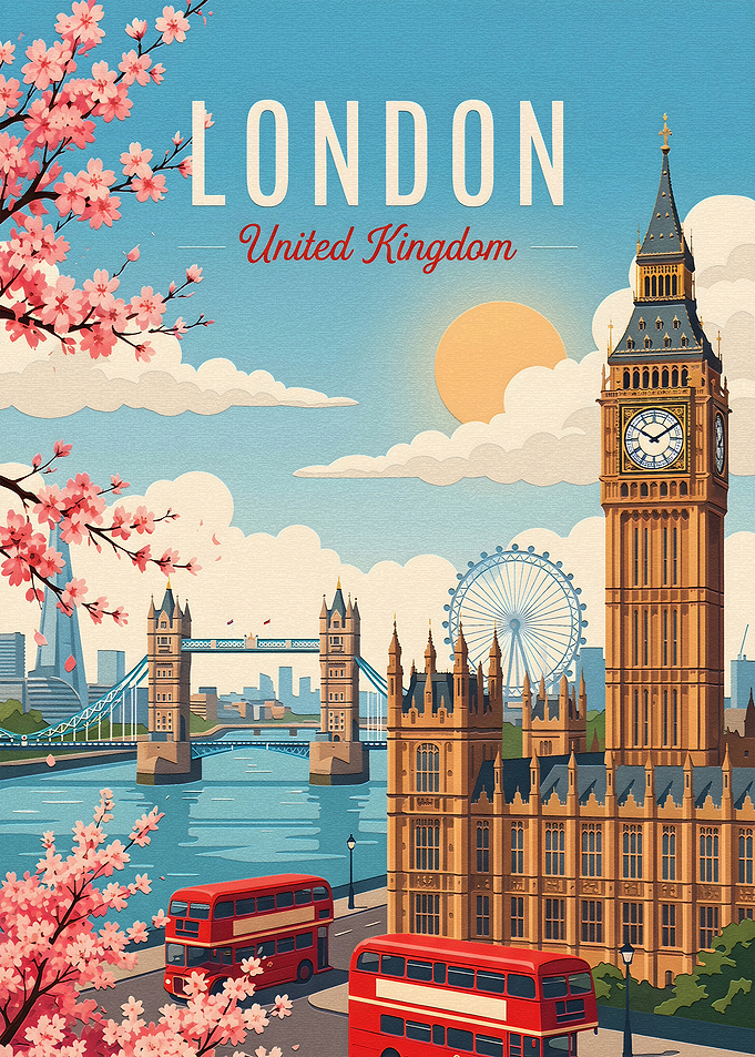 London Travel Poster with Cherry Blossoms