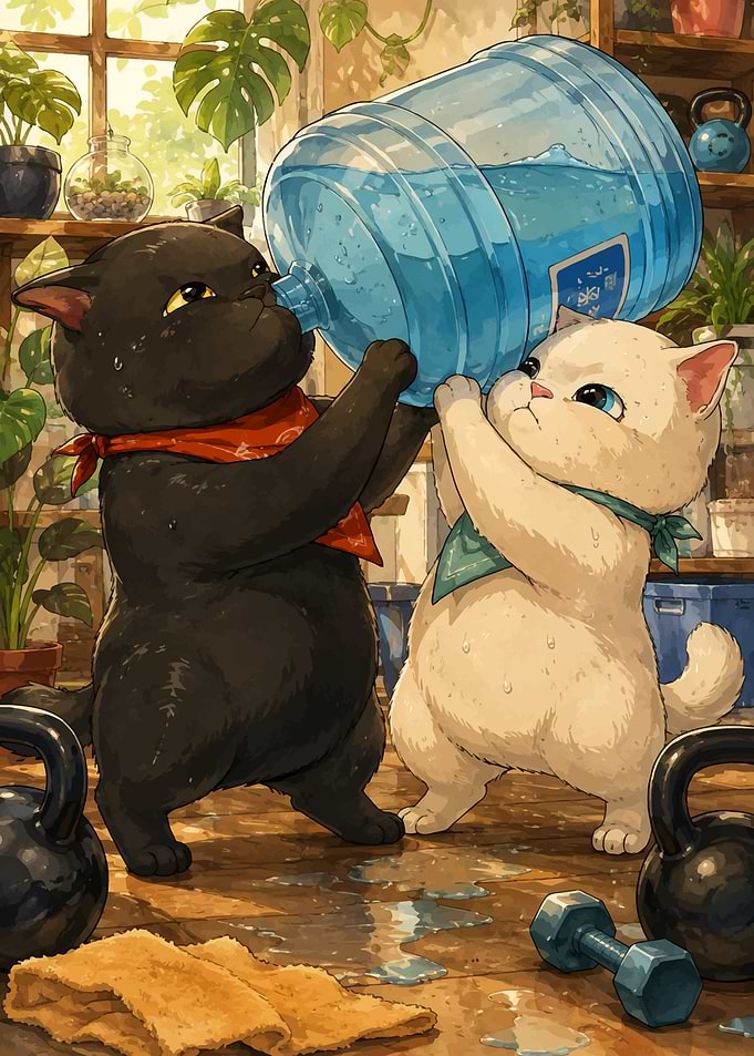 Two Cats Drinking from Water Jug