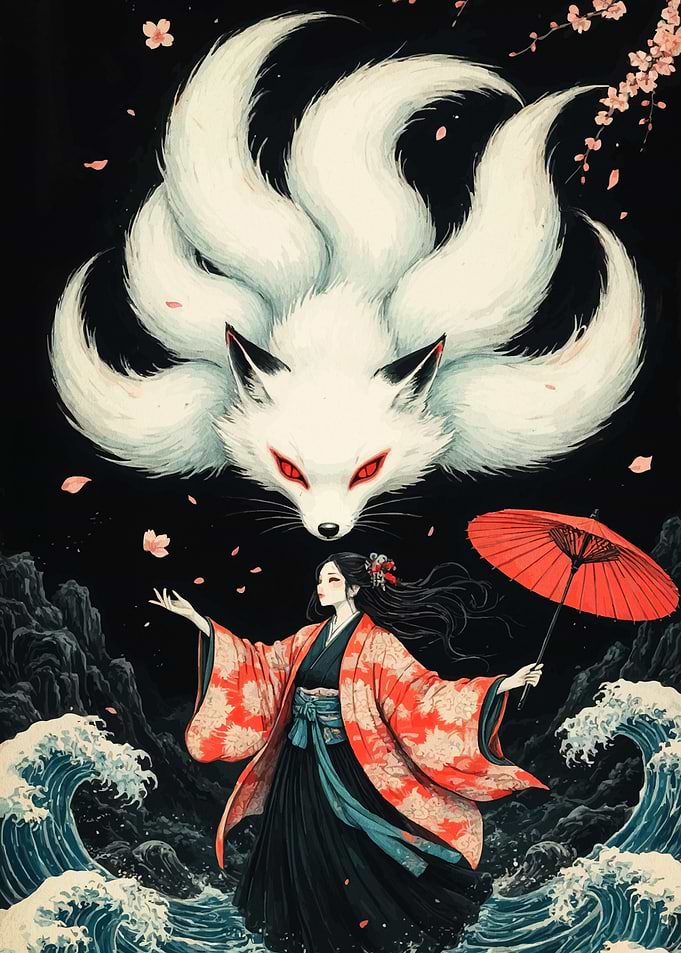 Kitsune Spirit and Woman with Umbrella