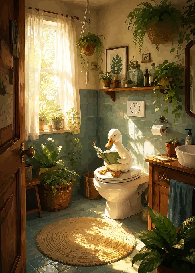 Duck Reading Book in Bathroom