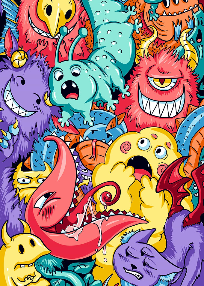 Colorful Doodle Monster Crowd Illustration