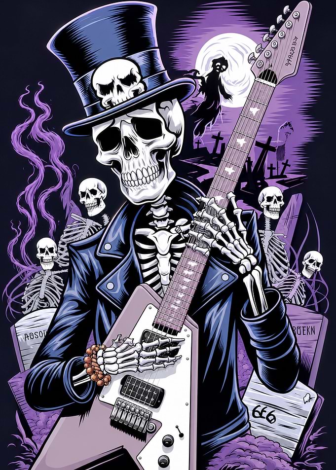 Skeleton Rocker in Graveyard Illustration