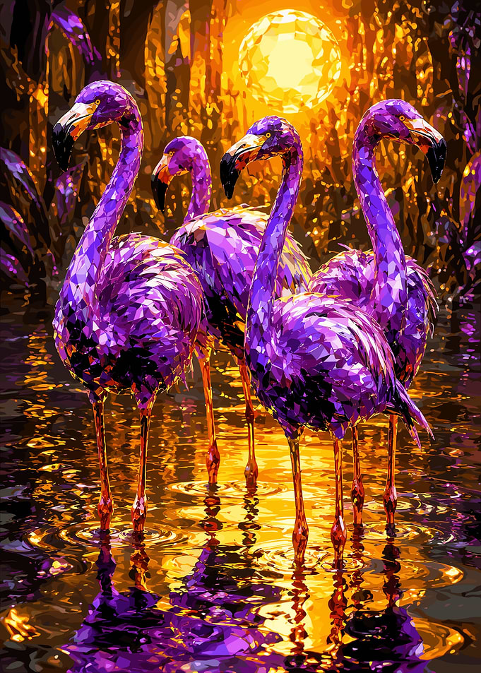Geometric Purple Flamingos in Golden Light