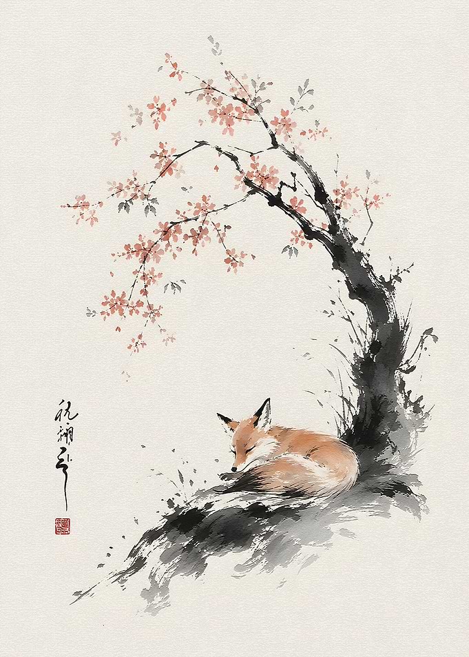 Sleeping Fox Under Cherry Blossom Tree