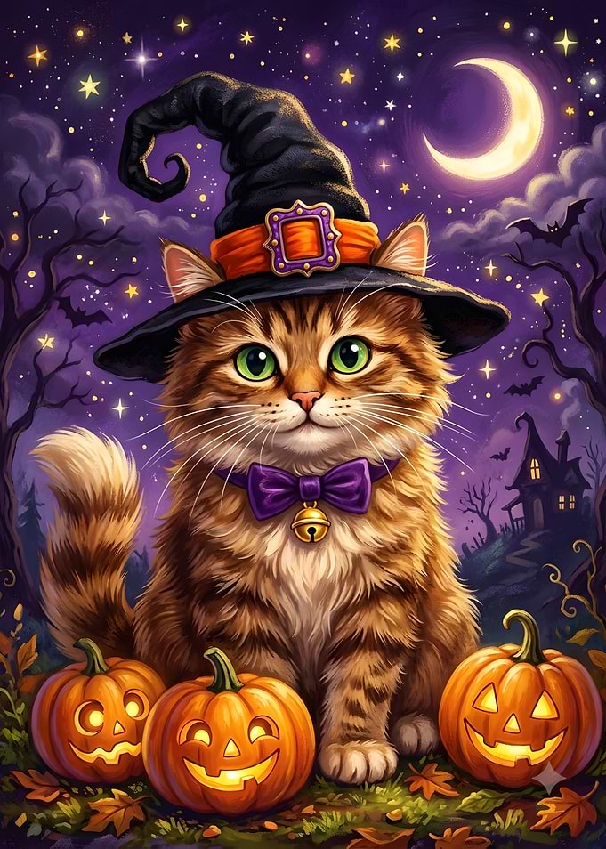 Cute Halloween Kitten with Pumpkins