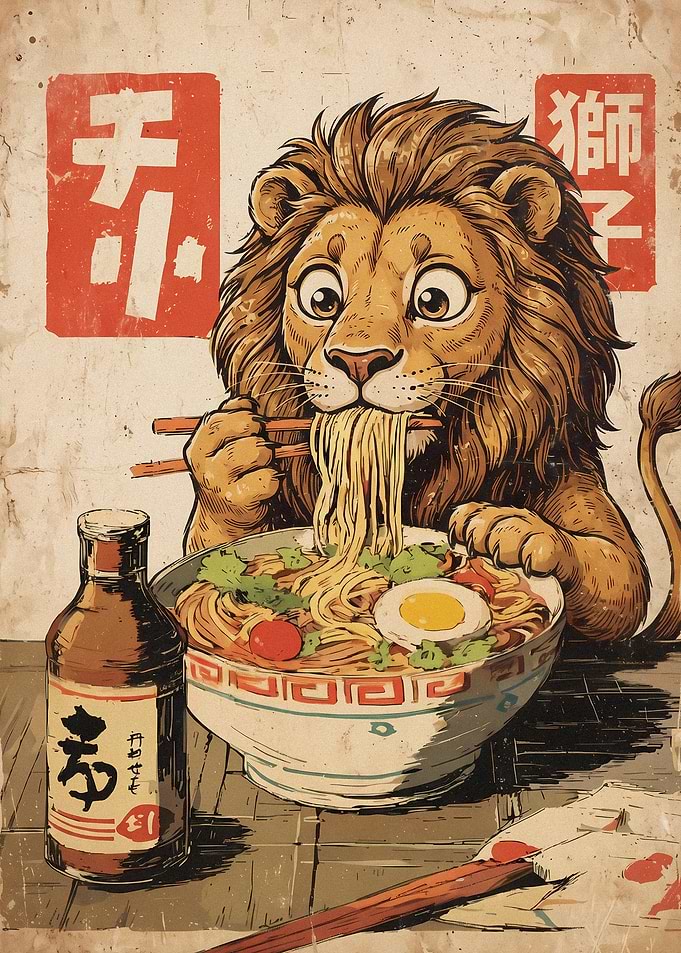 Lion Eating Ramen Vintage Poster