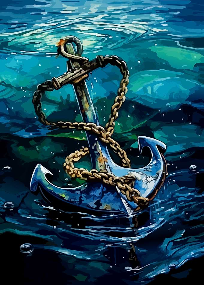 Anchor Submerged in Deep Blue Water