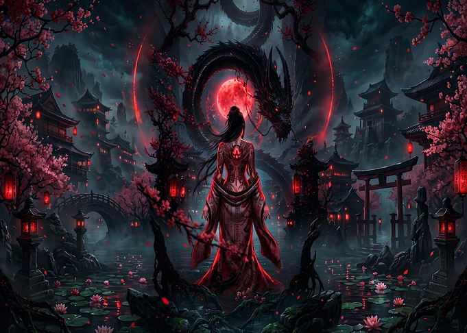 Woman and Dragon in Red Temple