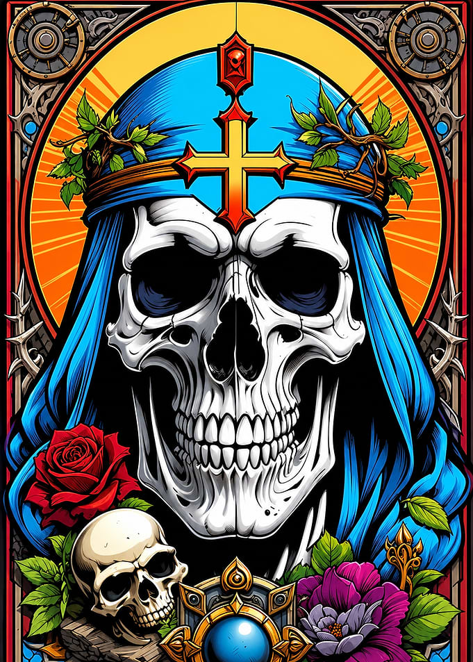 Gothic Skull with Cross and Flowers