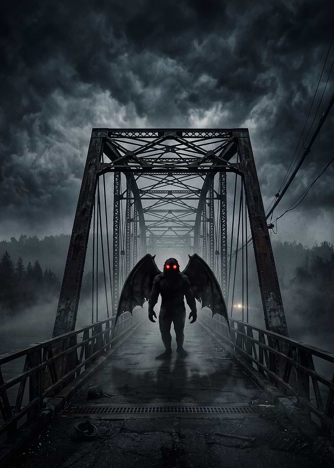 Mothman Standing on a Foggy Bridge