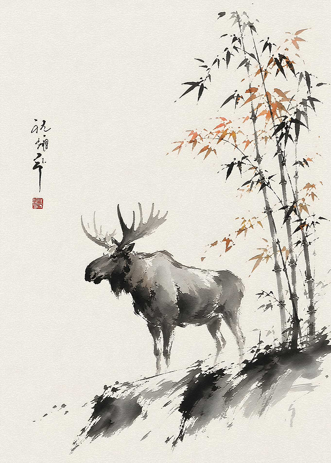 Ink Wash Painting of a Moose