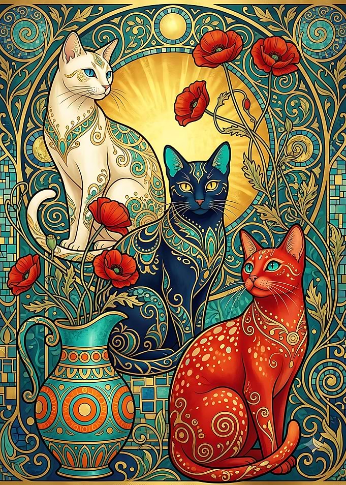 Art Nouveau Cats and Poppies