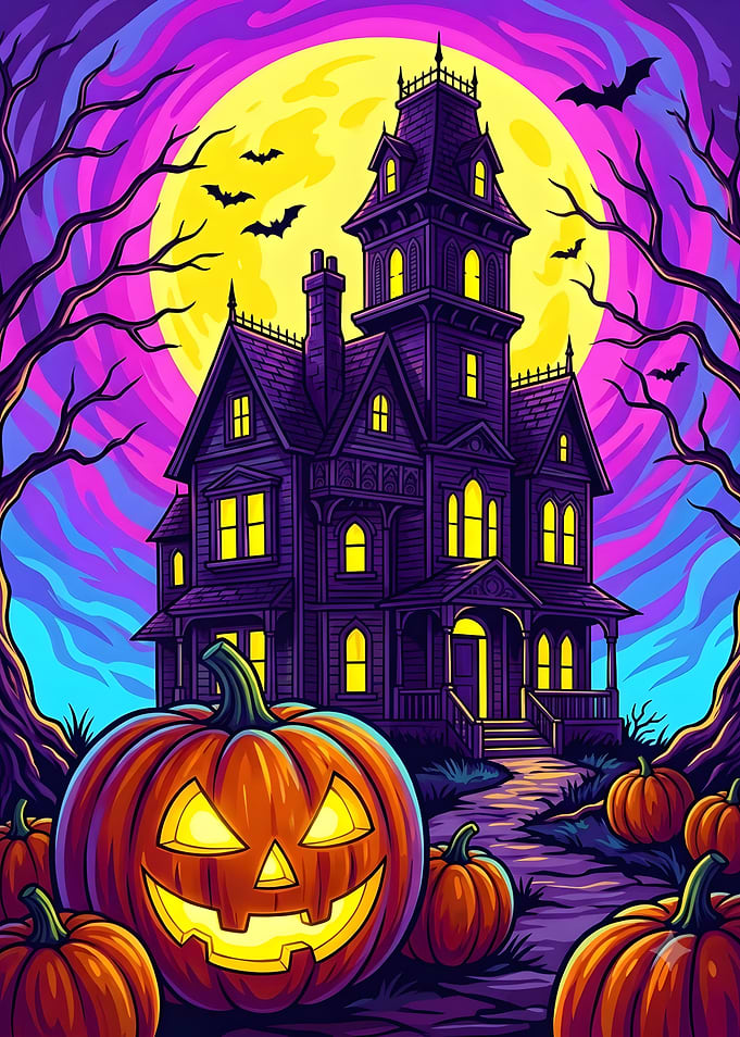 Spooky Halloween Haunted House Illustration