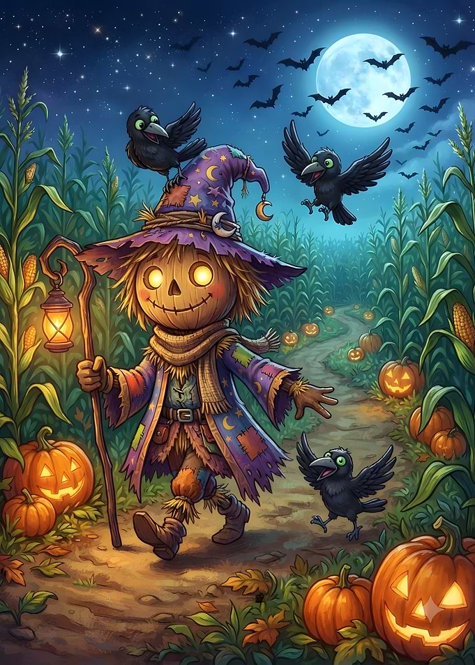 Cute Scarecrow in Halloween Cornfield