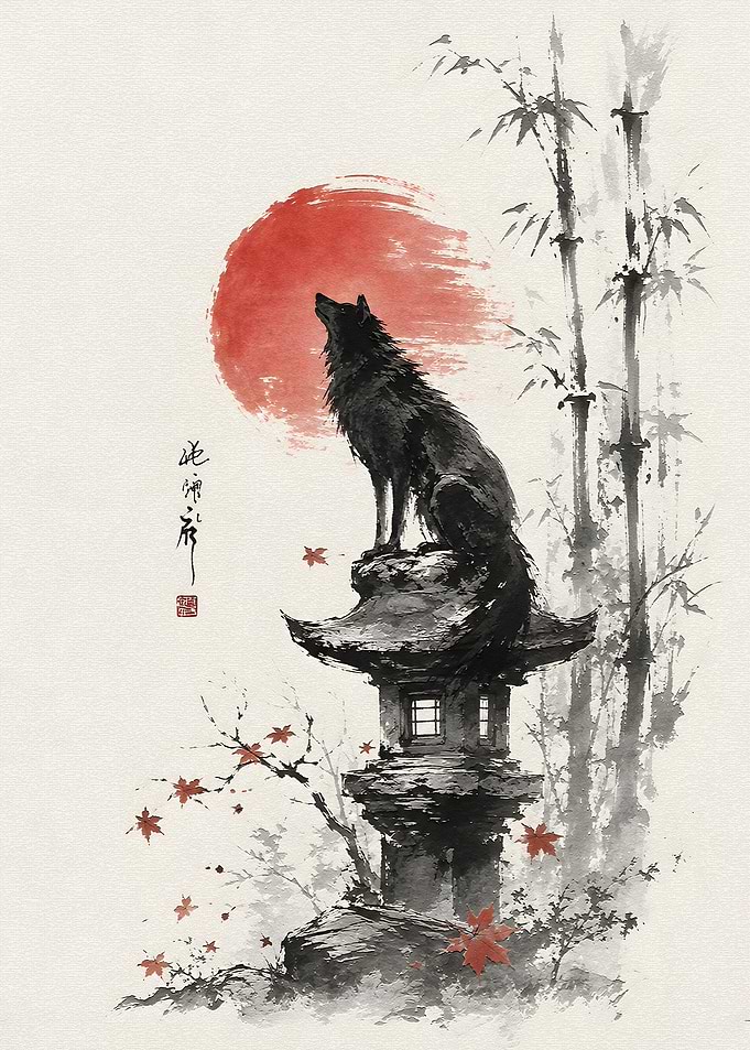 Wolf on Japanese Stone Lantern