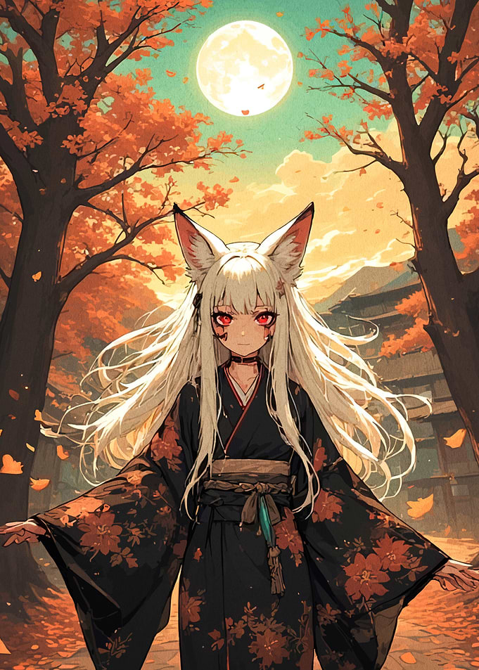 Fox Girl in Autumn Forest