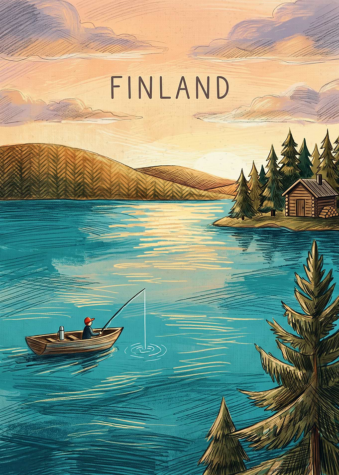 Finland Lake Fishing Travel Poster