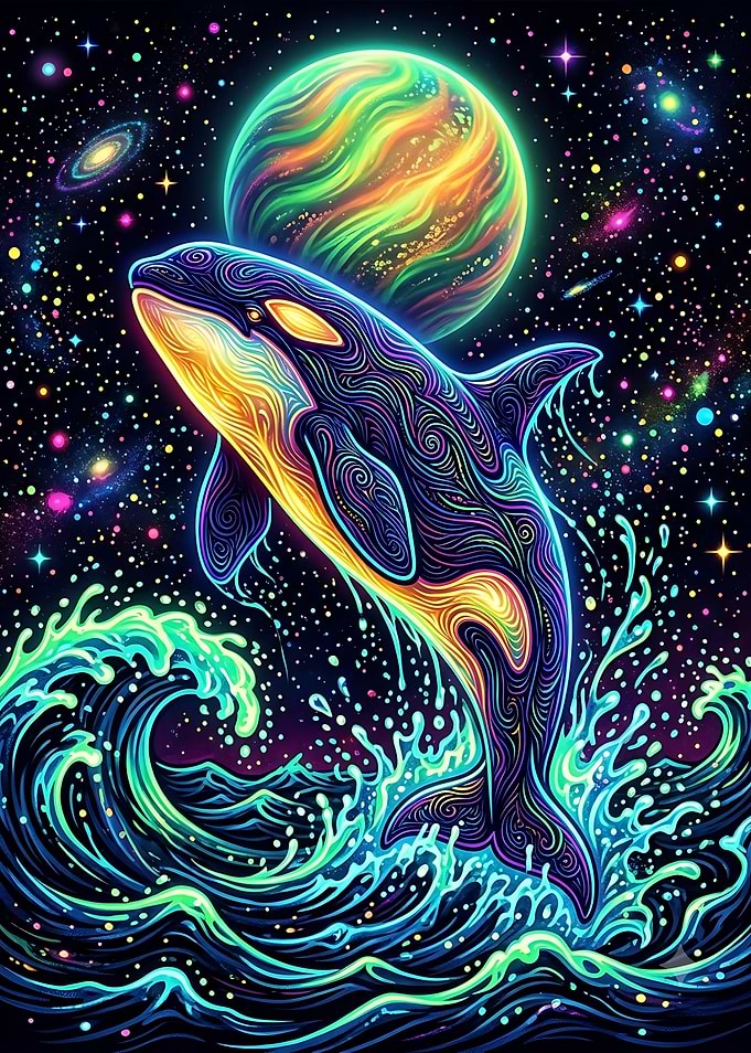 Neon Cosmic Orca Jumping from Waves