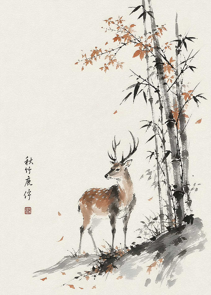Sika Deer in Autumn Bamboo Forest