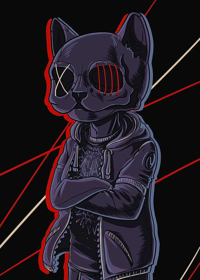 Stitched Skull Cat Urban Character Art