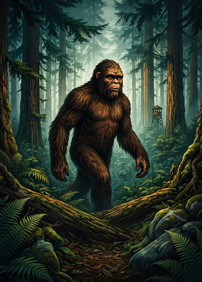 Bigfoot Walking Through Misty Forest