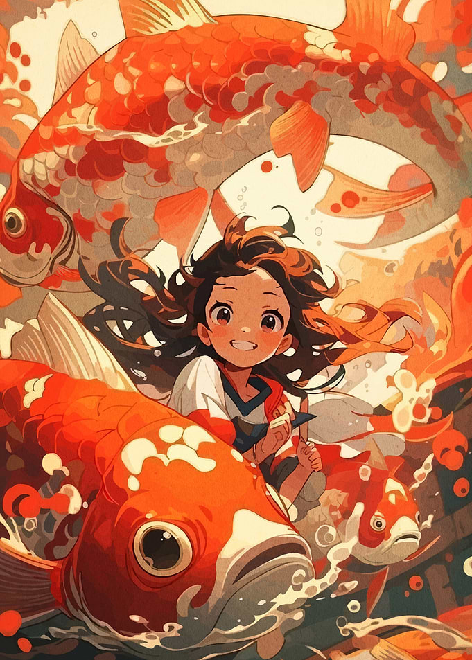 Anime Girl Swimming with Koi Fish