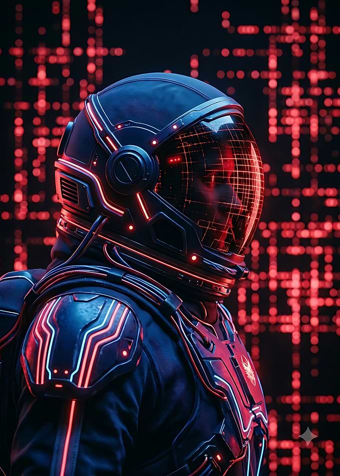 Cybernetic Astronaut in Red Digital Space