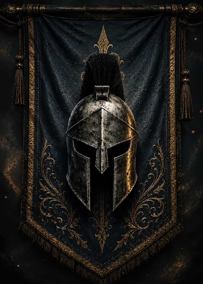 Spartan Helmet on Ornate Banner
