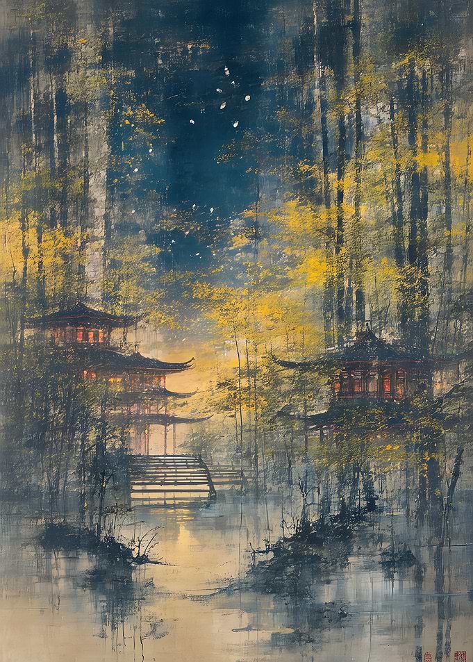 Ethereal Japanese Pagodas in Golden Forest