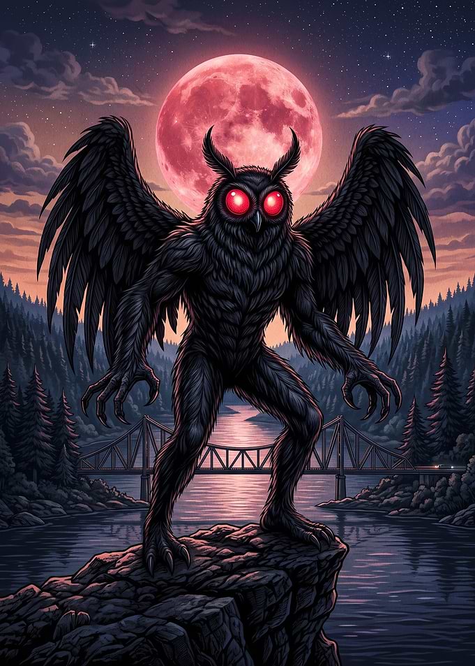 Mothman Standing Before Red Moon