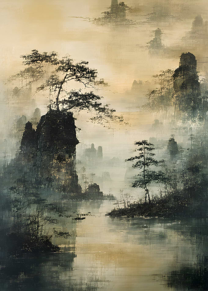 Misty Mountain Landscape with Pine Trees