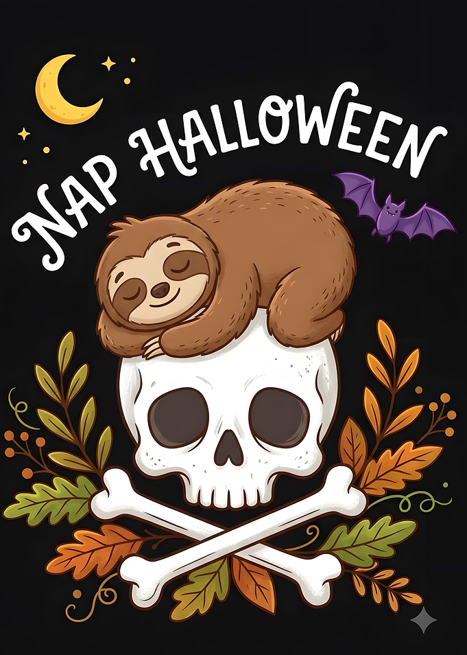Cute Sloth Sleeping on Halloween Skull