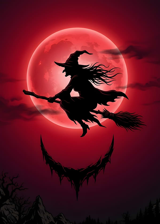 Witch Flying Against Red Moon