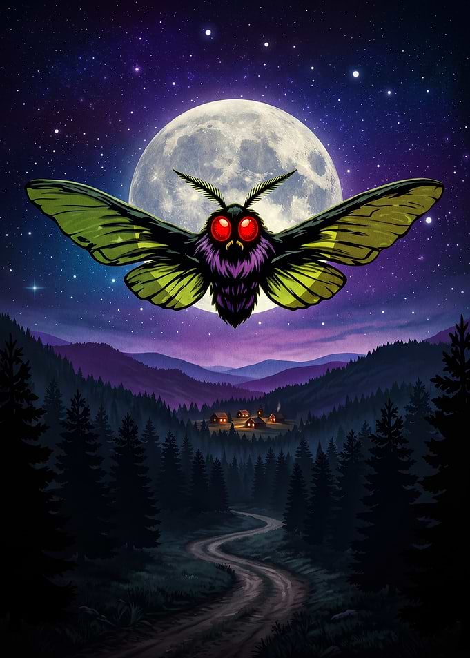 Mothman Flying Over Dark Forest